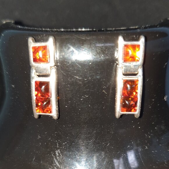 Vintage Genuine Baltic Cognac Amber Three Stone 925 Sterling Silver Stud Earring - Picture 8 of 9